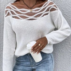 Boho white mesh insert sweater top